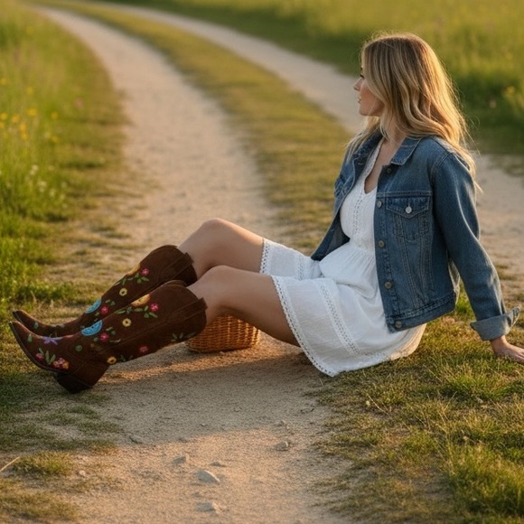 Dingo Flower Power Embroidered Floral Snip Toe Knee-hi Western Cowboy Boots - Picture 6 of 15